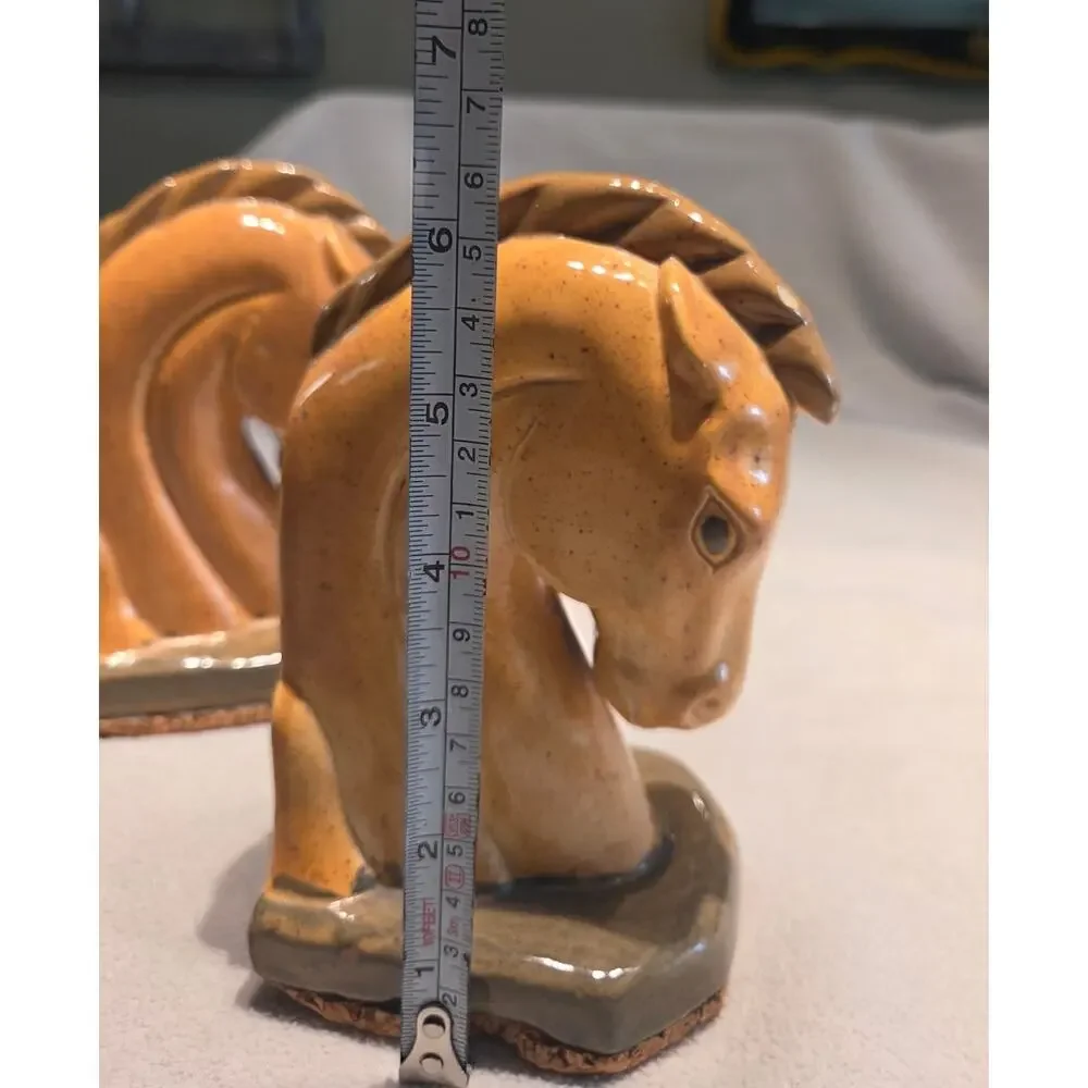 Vtg Pair Horse Head Ceramic Bookends Trojan Art Deco Cork Bottom
